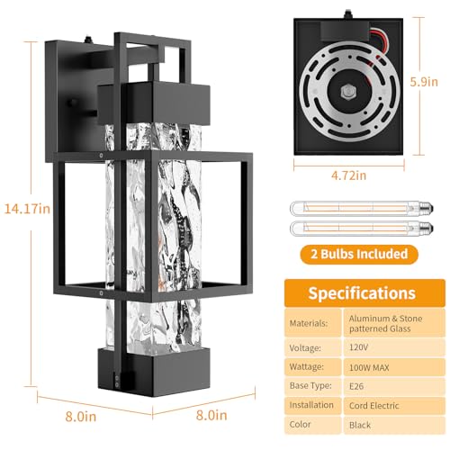 Hotsonic 2 Pack Dusk to Dawn Outdoor Porch Light Fixtures Wall Mount, 14'' Dimmable Exterior Lighting for Outside, Waterproof Wall Lantern Lamps, Black Sconce Coach Lights for House, Garage