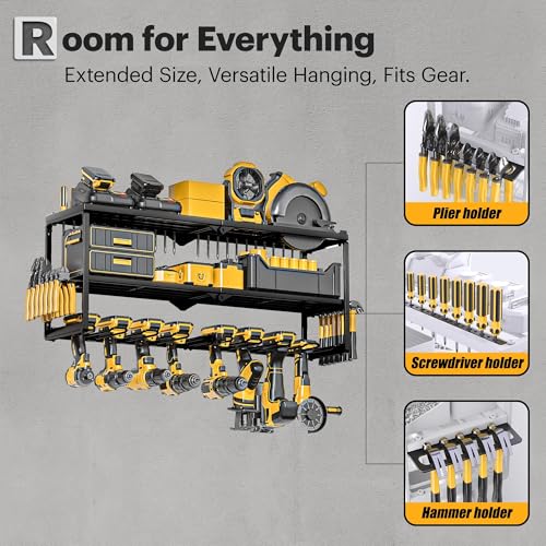 Spampur Power Tool Organizer Wall Mount, 15 Min Assembly & Maximum 100lb load by Heavy Duty Metal, 8 Drill Holder, 3 Layers Garage organization and Storage Rack, Tool Shelf With Battery Holder