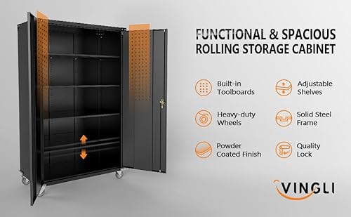 VINGLI Upgraded Wide & Deep Garage Storage Cabinet, Metal Storage Cabinet with Pegboards, Wheels, Locking Doors and Adjustable Shelves (Black, 43''W x 20''D x 72''H)