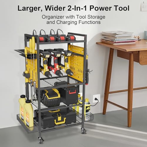 Power Tool Organizer Cart with Charging Station, Heavy Duty Garage Tool Organizer Rolling Tool Battery Storage with 8-Outlet Power Strip, 4 Wheels, 2 Hanging Baskets, 8 Hooks, Drill Bit Holder, Yellow