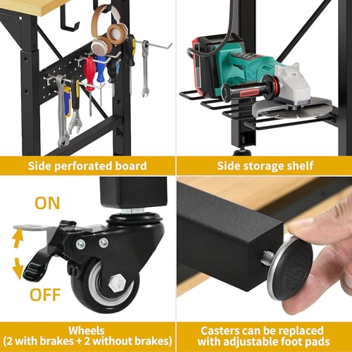 DWVO 60" Adjustable Workbench with Pegboard, Heavy Duty Wood Top Work Bench with Wheels, 1600 LBS Load Capacity, Rolling Work Table with AC/USB Outlet, Hooks, Rack for Garage, Workshop, Office, Home