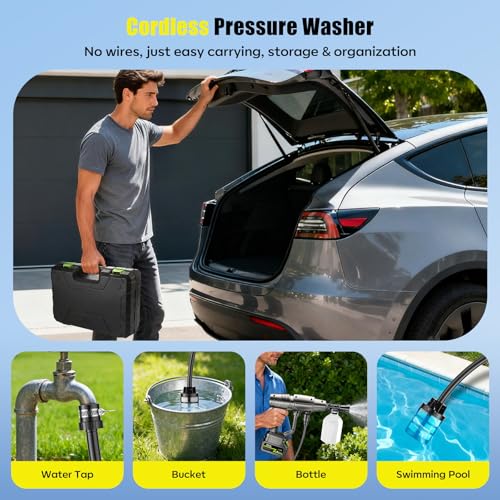 YKYI Cordless Pressure Washer, Battery Powered with 30 Speed Levels, Handheld Portable Sprayer with 6-in-1 Nozzle, 24FT High-Elastic Hose for Car, Garden, Patio Cleaning (Gray)