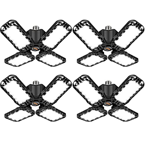 Tudoccy LED Garage Light 4 Pack, 120W Ultra Bright LED Shop Light with 4 Adjustable Panels, 18000LM E26/E27 Base Deformable Ceiling Fixtures for Garage, Workshop, Attic, Basement, Barn (Black-4 Pack)