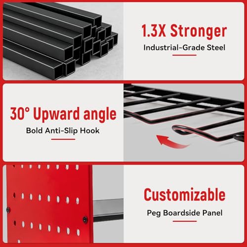 YKNIUNIU Power Tool Organizer Wall Mount, Garage Drill Storage Shelf with Hooks, Heavy Duty Metal Premium Garage Tool Shelf,Cordless Tool Storage Rack for Garage, Tool Room,Red