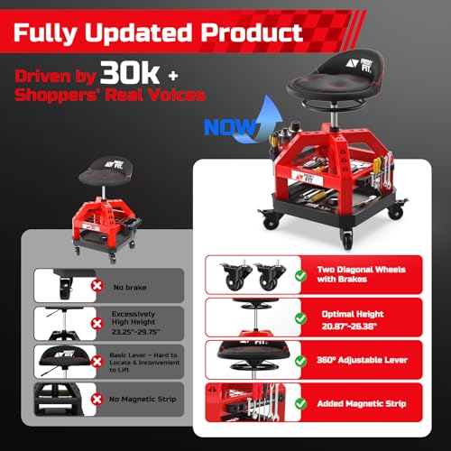 FreekyFit Rolling Shop Stool for Garage with Casters, DO02-Adjustable Height 360° Swivel Shop Seat with Tool Tray Storage, 330 LBS Capacity Padded Mechanic Stool, Magnetic Tool Hold, Heavy Duty, Red