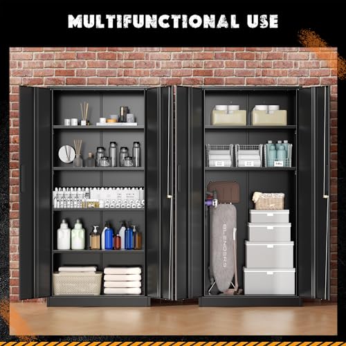 Greenvelly Storage Cabinet, 72” Black Garage Steel Locking Cabinet with Doors and 4 Adjustable Shelves, Tall Lockable File &Tool Cabinet for Home Office, Metal Classroom Cabinet Basement