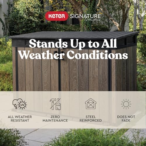 Keter Signature Collection All Weather Outdoor Storage Shed – Durable Resin Garden Shed with Built‑in Ventilation, & Lockable Double Doors – Walnut Finish