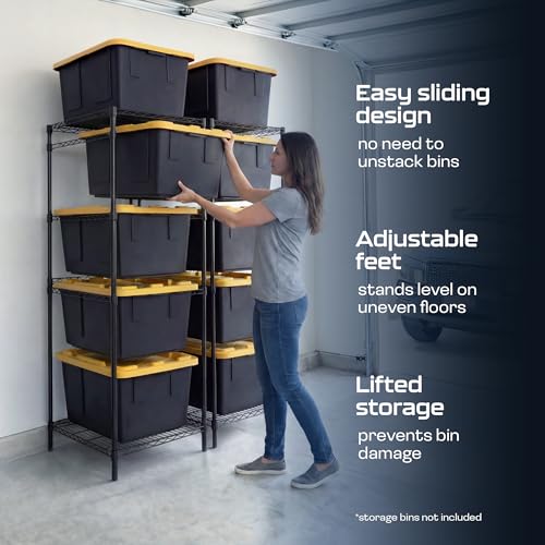MonsterRAX 5-Tier Heavy Duty Garage Slide Bin Storage Rack for 27-Gallon Totes. Industrial metal organization, 250lb capacity, NSF Certified. (2-Pack) (Bins not included) (Black)