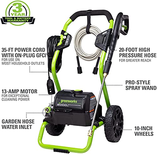 Greenworks 2000 PSI (1.1 GPM Max) Electric Power Washer (25°, 40°, Soap Nozzle) For Use On Decks, Fences, Concrete Patios, Sidewalks & More. Medium-Duty