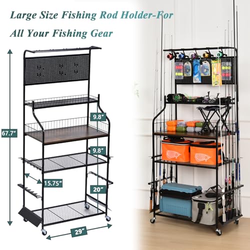 Bknius Metal Black Fishing Rod Rack for 12 Rods With Large Storage Capacity, Vertical Fishing Pole Holders for Garage Use for Fishing Gear Storage