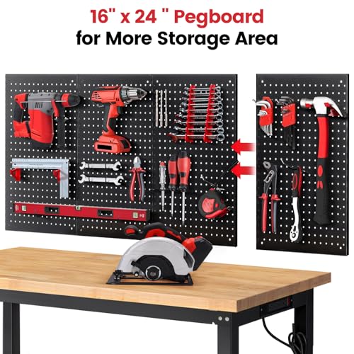 ENJOYWOOD 60" x 22" Adjustable Height Workbench with Under Table Shelf Heavy Duty Rubberwood Top Work Table for Garage, Workshop, Office & Home