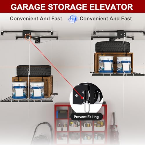 S.Walt Hanging Garage Ceiling Storage Racks, Adjustable Overhead Garage Storage Lift, Mounted 44 ft Heavy-Duty Steel Platform for High Ceilings 1012 ft, Supports 250 lbs for Everyday Use