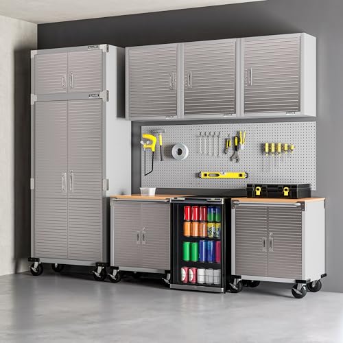 Seville Classics UltraHD Heavy Duty Rolling Cabinet Workbench Table w/Solid Wood Top, Workstation for Garage, Office, Workshop, Granite, 2-Door (28" W x 18" D)