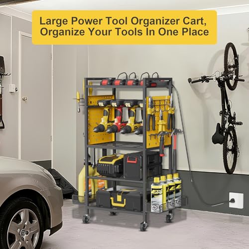 Power Tool Organizer Cart with Charging Station, Heavy Duty Garage Tool Organizer Rolling Tool Battery Storage with 8-Outlet Power Strip, 4 Wheels, 2 Hanging Baskets, 8 Hooks, Drill Bit Holder, Yellow