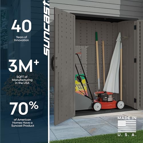 Suncast Outdoor Storage Cabinet Waterproof Resin Vertical Outdoor Storage Shed (54 cu. ft.) for Patio, Garden Tools, Cushions, & Equipment. Weatherproof Plastic Multi-Wall Design, Capacity Made in USA