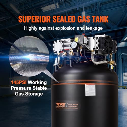 VEVOR 80 Gallon Air Compressor, 145PSI Oil Free Stationary Compressor Tank, 6.5HP 15.5SCFM@90 PSI, Quiet Compressor for Industrial Manufacturing, Workshops (220V/60Hz Single-Phase Power)