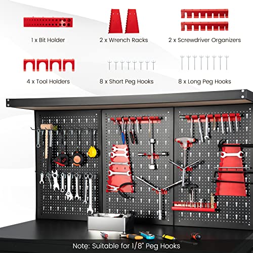 Goplus Work Bench with Storage, 48" x 24" Work Table with Pegboard, 2 Drawers, Hanging Accessories, Topping Space, 4-Tier Heavy Duty Metal Tool Storage Bench, Workbench for Garage, Workshop