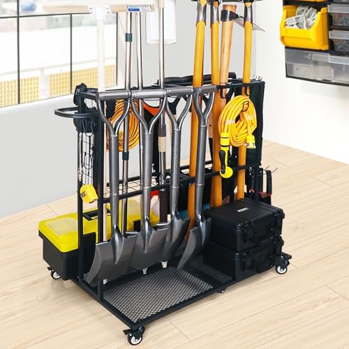 LCMWHOP Garden Tool Organizer - Heavy Duty Garage Storage and Organization with Wheels - Large Garden Tool Storage Holder for Lawn Yard Patio Shed,Garage Shovel Rack