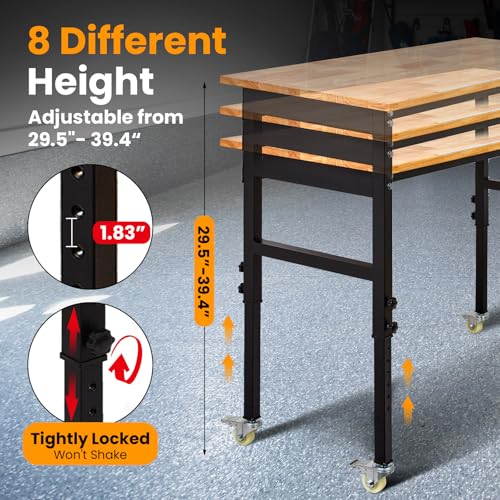 48" Adjustable Workbench, 8-Level Height Adjustable Rolling Work Table with Casters & Scale, Sit & Stand 2-in-1 Garage Tool Table with Pegboard & Hooks, for Workshop, Warehouse, DIY Projects