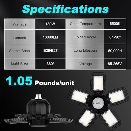 Luyata LED Garage Lights 2 Pack, Ceiling LED Shop Light 180W 18000LM 6500K Screw in Led Light with 5+1 Deformable Panels, Bright Led Lighting for Garage Workshop Basement Support E26/E27 Socket