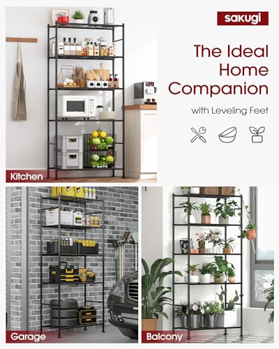 Sakugi Storage Shelves Organizer - 5 Tier Metal Shelf Organizer with Metal Wheels and Adjustable Leveling Feet, Heavy Duty Garage Shelving for Kitchen, Pantry and Closet, 33.1"x12.6"x73.5", Black