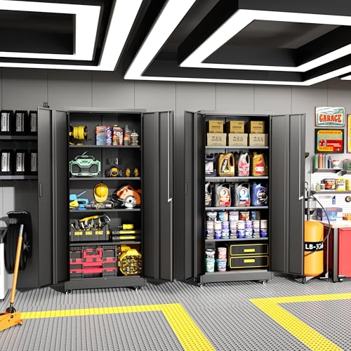 Greenvelly 73" Storage Cabinet with Wheels,Metal Rolling Garage Cabinet with Locking Doors and 4 Adjustable Shelves for Home,Kitchen,Office,Warehouse(32" W x 16" D)
