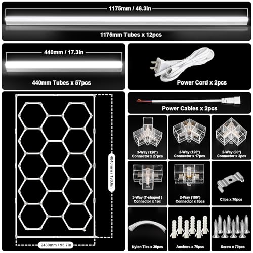 BRILLIHOOD Hexagon Garage Lights Honeycomb LED Hex Light, 672W, 80640LM, 6500K Super Bright, 14 Grid Systems Car Detailing Lights with Rectangular Frame for Garage Warehouse Workshop Basement Gym