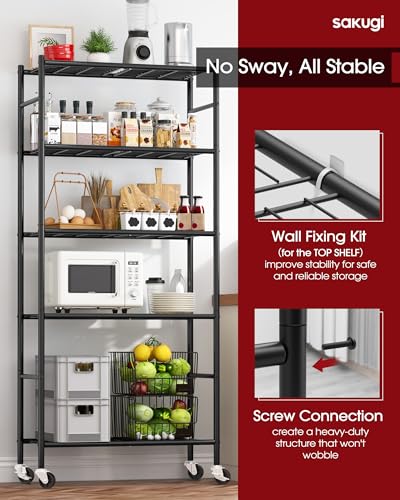 Sakugi Storage Shelves Organizer - 5 Tier Metal Shelf Organizer with Metal Wheels and Adjustable Leveling Feet, Heavy Duty Garage Shelving for Kitchen, Pantry and Closet, 33.1"x12.6"x73.5", Black