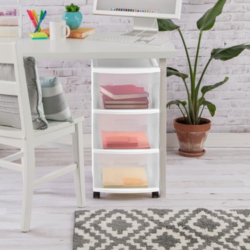 Sterilite 4 Pack Plastic Storage Organizer, 3 Drawer Rolling Bin Cart, Closet Organization, White