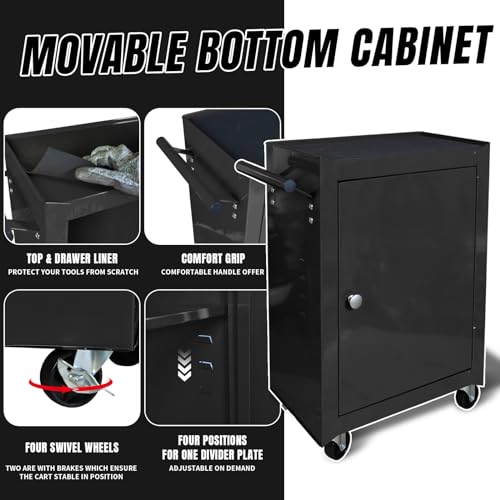 TCE ATBD134U-BLACK Torin Rolling Garage Workshop Tool Organizer: Detachable 3 Drawer Tool Chest with Large Storage Cabinet and Adjustable Shelf, Black