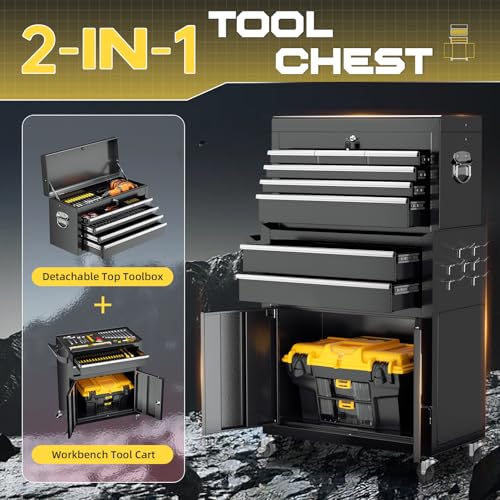 Omelaza 8-Drawer Rolling Tool Chest with Lock, Detachable Tool Cabinet Cart with Wheels, High-Capacity Mechanic Tool Organizer for Garage Workshop Warehouse Storage
