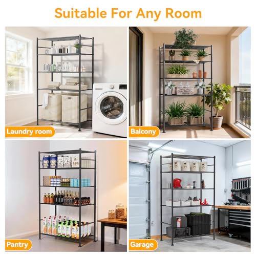 BolDuck 5 Tier Shelf Organizer Rack, Metal Shelving Unit with Adjustable Leveling Feet, Space-Saving Storage Shelves for Garage Closet Laundry Bathroom Kitchen Pantry, 33.07”Wx12.6”Dx72.04”H,Black