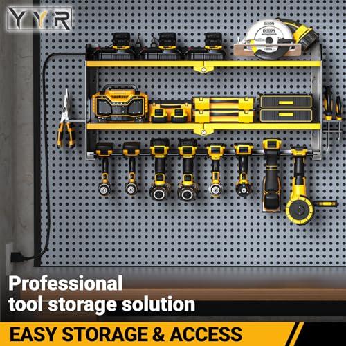 YYR Power Tool Organizer with Charging Station Wall Mount, Cordless Drill and Battery Holder for Garage Organization, Electric Tools Storage Rack Build in Surge Protection Power Strip - Yellow Shelf