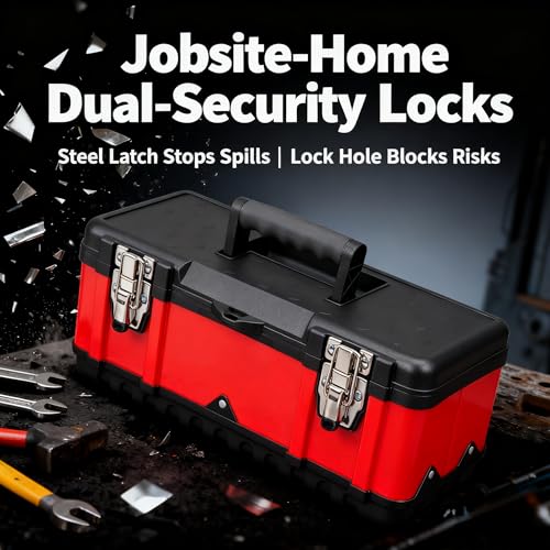Jack Boss Steel Tool Box 15.5 Inch Small Portable Tool Organizer Box with Built-in Short Non-slip Handle Car Box with Removable tray