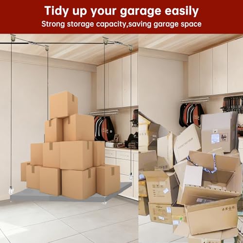 Heavy Duty Overhead Garage Storage Pulley Lift System, 300LBS Load Capacity, Ceiling Mounted Rack with Adjustable Height, for Bikes, Boxes and Bins, Home Garage Organization Not Include Racks