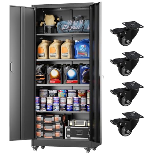 Greenvelly 73" Rolling Storage Cabinet,Black Metal Garage Cabinet with Locking Doors and 4 Adjustable Shelves for Home,Kitchen,Office,Warehouse(32" W x 16" D,Wheels)