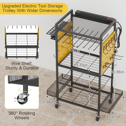 Power Tool Organizer Cart with Charging Station, Heavy Duty Garage Tool Organizer Rolling Tool Battery Storage with 8-Outlet Power Strip, 4 Wheels, 2 Hanging Baskets, 8 Hooks, Drill Bit Holder, Yellow