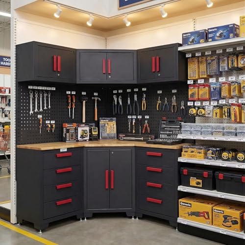 Tsnritor Corner Workshop Set,10Pcs Garage Cabinets and Storage System with Corner Cabinet, Cabinet Drawers, Workbench, Pegboard for Tool Organization, Red Handle
