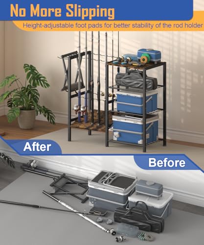 Tigerden Fishing Rod Holders for Garage, Fishing Pole Holder Stand with Multifunctional Hook, 4 Tier Fishing Gear Equipment Organizers Rack, Fits Most Rods of 1.57" for Home Entryway Corner, Black