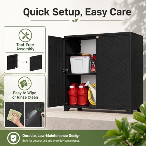 ADDOK Outdoor Storage Cabinet, 60 Gallon Waterproof Resin Patio Storage Cabinet with 1 Adjustable Metal Shelf and Double Doors, Weather-Resistant Organizer for Garden Tools, Pool Supplies and Toys