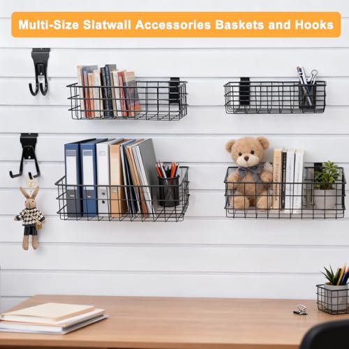LYYUWE 12 Pack Slatwall Organizer Kit with 4 PCs Slatwall Baskets (10.5 to 13.5 Inches) and 8 PCs Slat Wall Hooks Heavy Duty, Black Steel Slatwall Accessory for Garage, Retail Display and Home Storage