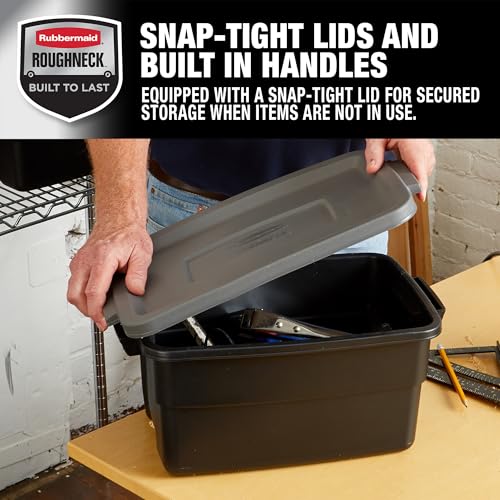 Rubbermaid 6-Pack Heavy Duty Durable 3 GAL Totes for Storage with Snap Lids and Handles, Plastic Storage Bins Stackable Black Gray for Home and Garage (3 GAL - 6 Pack Solid Black and Grey)