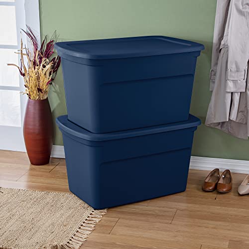 Sterilite Lidded Stackable 30 Gallon Storage Tote Container with Handles and Indented Lid for Efficient, Space Saving Household Storage, Marine Blue