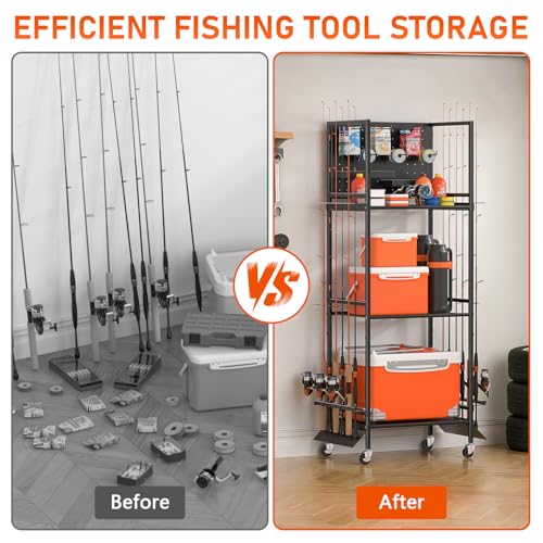 GloCryp 12-Rod Fishing Pole Holders for Garage, 3-Shelf Fishing Rod Holder with Pegboard and Trays, 360° Rotatable, Rolling Fishing Storage Cart with Wheels for Tackle Box & Fishing Gear Organization