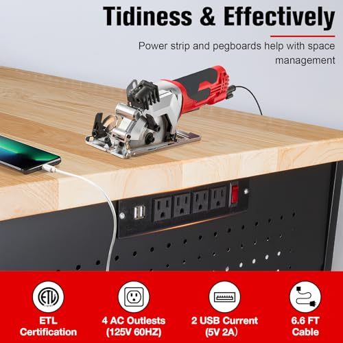 MUWOOD 60" Workbench with Drawers, Work Benches for Garage with Strip Light, Adjustable Work Table with Large Pegboard, 2000 LBS Heavy Duty Table with Power Outlet Rubber Wood for Garage, Office
