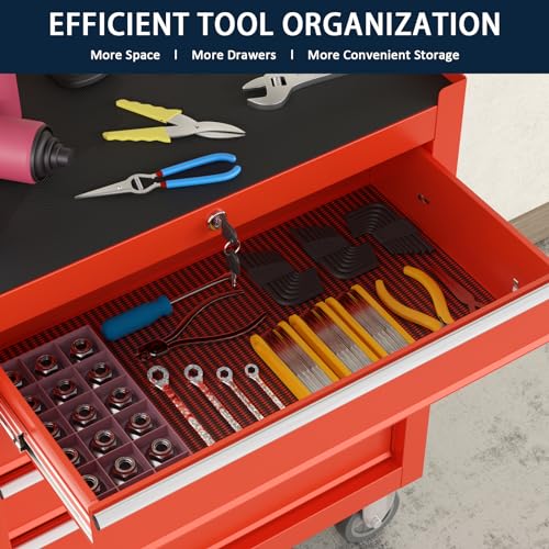 OAKANDO 5-Drawer Metal Rolling Tool Chest with Wheels,Tool Storage Cabinet with Locking System，Toolbox with Wheels for Garage, Warehouse, Workshop, Repair Shop (Red, 5-Drawer)
