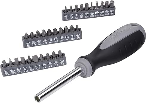 Amazon Basics 65 Piece Home Repair Tool Kit Set With Carrying Bag, Hand Tools, Socket Set, SAE and Metric, Silver, Black