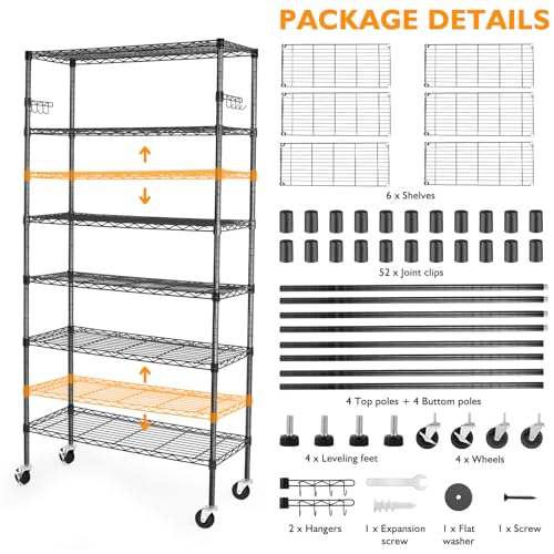 BolDuck 6 Tier Storage Shelves with Wheels, 2100lbs Capacity Heavy Duty Shelving Units, 14x36x75inch Adjustable Metal Shelf Wire Shelving Rack for Garage, Kitchen, Office, Black