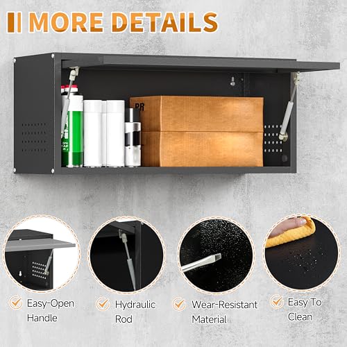 Firstsky Metal Garage Wall Cabinet with Up-Flip Door,Wall-Mounted Steel Storage Cabinet, Float Tool Cabinet with Pegboard,Upper Cabinet for Kitchen,Garage,Workshop,Warehouse(13.8" H,Black)