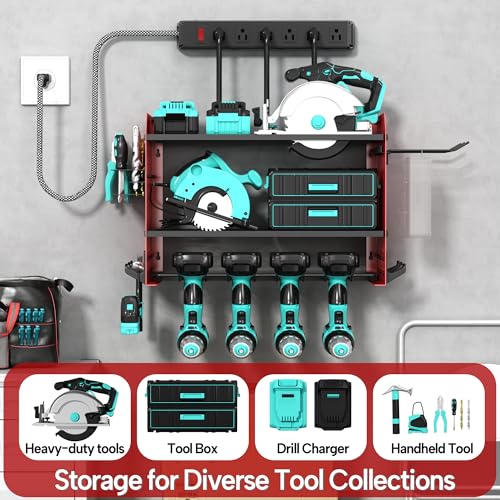 CFMASTER 3 Layer Heavy Duty Power Tool Organizer Wall Mount with Charging Station, Adjustable Metal Storage Rack, 6 Outlets Power Strip, Drill Holders, Hooks & Drill Bit Rack for Garage, Workshop, Red